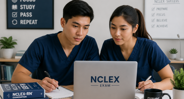 Nursing students preparing for the NCLEX exam with online review materials